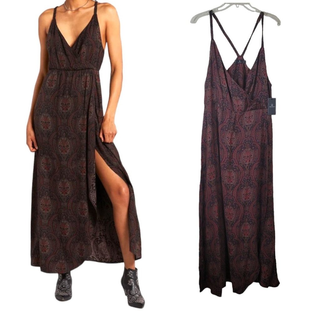 NWT $70 VOLCOM BROWN BOHO Y2K VINYL CLUB MAXI OPEN FRONT SLIT DRESS  XL (12)